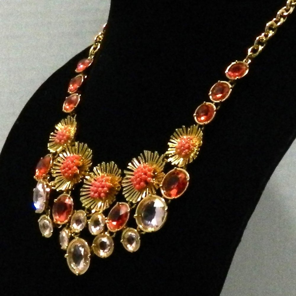 Talbots - Orange Flower Statement Necklace Gold T… - image 5